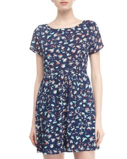 Floral Print Short Sleeve Dress, Navy/Aqua
