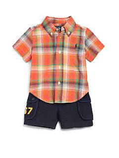 Ralph Lauren Infants Two PIece Plaid Shirt & Cargo Shorts Set   Orange