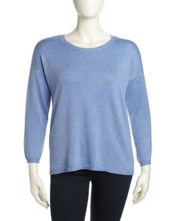 Two Tone Contrast High Low Sweater, Chambray/White, Womens