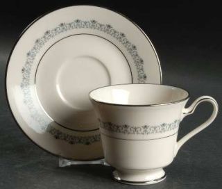Noritake Geri Footed Cup & Saucer Set, Fine China Dinnerware   Gray Scrolls And