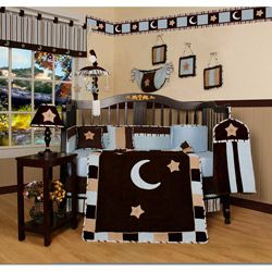 Blue Moon And Star 13 piece Crib Bedding Set (Tan, dark brown, light blueMaterials Polyester, cottonMachine Washable Yes Gender boy, neutralCare instructions Cold, tumble dry, low heatSet IncludesCrib quilt 36 inches wide x 45 inches long Crib bumpe