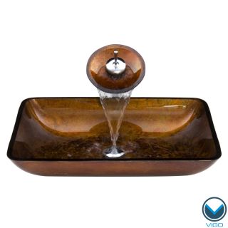 Vigo Rectangular Russet Glass Vessel Sink And Chrome Waterfall Faucet Set