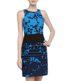 Sleeveless Floral & Stripe Print Dress, Azure