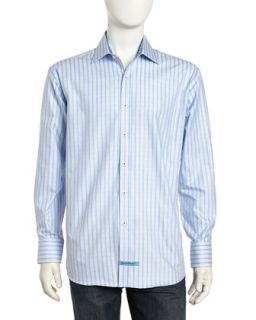 Long Sleeve Plaid Button Front Poplin Dress Shirt, Blue