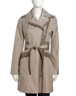 Asymmetric Faux Leather Trim Trench Coat, Clay