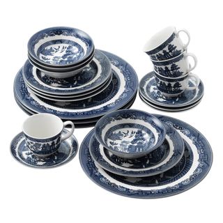 Willow Blue 20 piece Dinnerware Set (Willow blue Materials StonewareCare instructions Dishwasher safeService for Four (4)Number of pieces in set Twenty (20)Set includes Four (4) dinner plates Four (4) salad plates Four (4) bowlsFour (4) tea cups and 