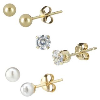 Gold Over Silver Pearl Cubic Zirconia Ball Earrings   3pc Set