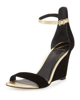 Roberta Two Tone Ankle Strap Wedge, Black/Gold