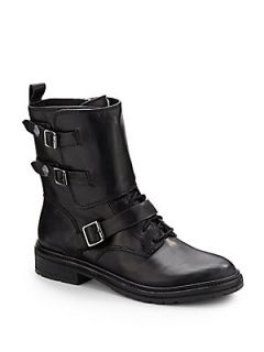 Victoria Buckle Strap Leather Combat Boots   Black