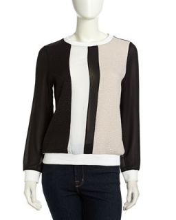 Colorblock Pebbled Voile Sweater, Black/Ivory/Camel