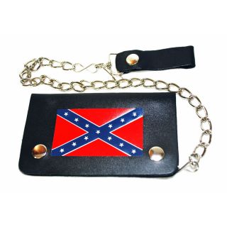 Hollywood Tag Confederate Flag Black Leather Bi fold Chain Wallet