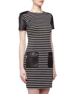 Striped Faux Leather Zipper Dress, Black/White