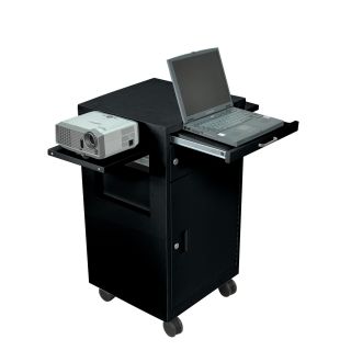 Luxor Black Multimedia Cart With Locking Cabinet (BlackDoes it roll 3 inch castersShelves Three (3) shelvesPresentation Station features two (2) flip up side shelves with a pull out keyboard shelf and locking drawerUnit also features a locking cabinetUn