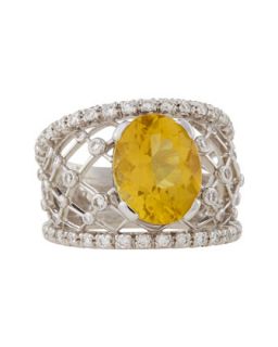 18 Karat White Gold Beryl Diamond Lattice Ring, Size 6.5