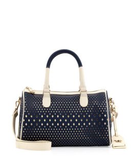 Diamond Perforated Faux Leather Duffle Bag, Navy/Cream