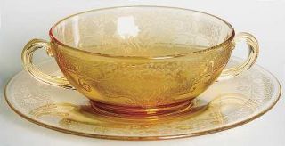 Fostoria Vesper Amber Cream Soup and Saucer Set   Stem #5093,Etch #275,All Amber