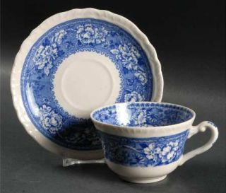 Warwick Tudor Rose Blue Flat Cup & Saucer Set, Fine China Dinnerware   Floral Bo