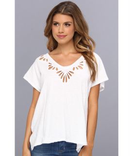Free People Cutwork Double V Tee Womens Short Sleeve Pullover (White)