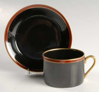 Fitz & Floyd Hattori Black Flat Cup & Saucer Set, Fine China Dinnerware   Black