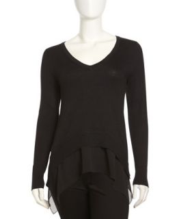 Knit and Charmeuse Sweater, Black