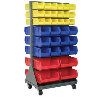 Akro Mils Two Sided Mobile Bin Racks With Louvered Panels And Yellow, Blue, And Red Bins   36X20x60   68 Bins   Gray