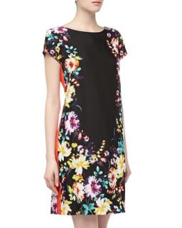 Short Sleeve Neon Floral Charmeuse Dress, Black