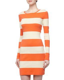 Long Sleeve Rugby Striped Stretch Knit Dress, Coral Reef/Platinum