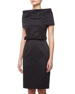 Fold Collar Bow Waist Cocktail Dress, Black