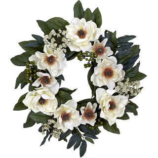 22 In Magnolia Wreath (WhiteMaterials Polyester Material, Plastic, Iron wirePattern Magnolia FloralDimensions 22 inches in diameter This incredible wreath will fit in almost anywhere. Great color and just the right size. Enjoy it all year long. No main