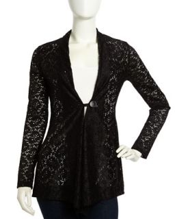 Embroidered Lace Front Cardigan, Black