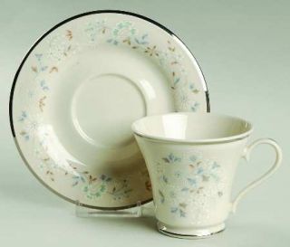 Gorham April Showers Footed Cup & Saucer Set, Fine China Dinnerware   White,Blue