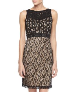 Beaded Lace Cocktail Dress, Black/Nude