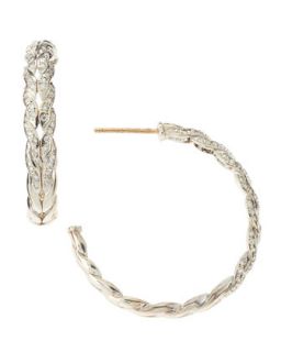 Silver Carved Chain Diamond Pave Hoop Earrings