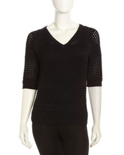 Perforated Mix Knit Sweater, Black