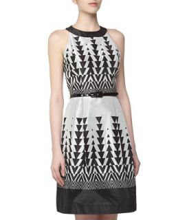Sleeveless Geometric Pattern Sateen Dress, Black/Silver