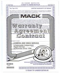 Mack On Site Three Year Extended Warranty Certificate (TVs up to $3700)  **1075*