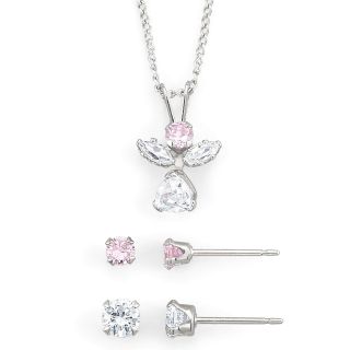 Girls Pink & White Cubic Zirconia Angel Jewelry Set, Girls