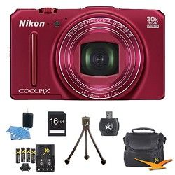 Nikon COOLPIX S9700 16MP HD 1080p 30x Opt Zoom Digital Camera Red Kit