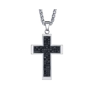 Mens Stainless Steel & Black Cubic Zirconia Cross Pendant, White