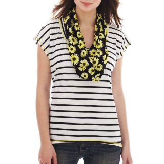 Self Esteem Layered Tee with Patterned Infiniti Scarf, Black, Womens