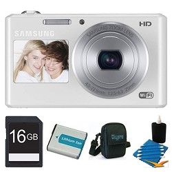 Samsung DV150F Dual View 16.2 MP Smart Camera with Built in Wi Fi White 16GB Kit