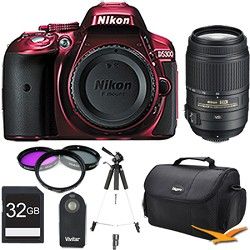 Nikon D5300 DX Format 24.2MP DSLR (Red) 55 300mm VR Pro Lens and Memory Bundle