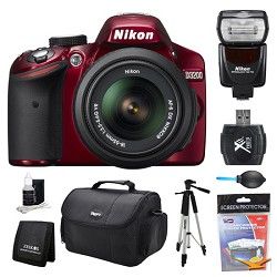 Nikon D3200 DX Format Red Digital SLR Camera 18 55mm and Flash Kit