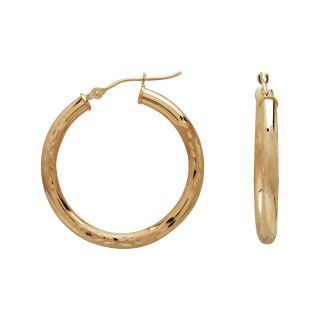 28mm 14K Gold Satin Diamond Cut Hoop Earrings, Womens