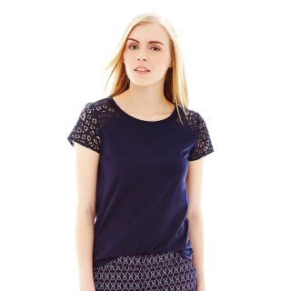 JOE FRESH Joe Fresh Crewneck Lace Tee, Navy, Womens