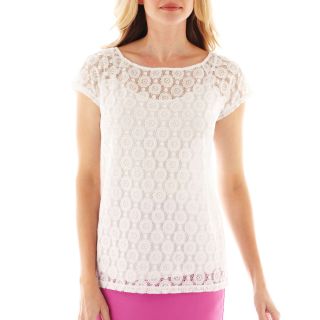 LIZ CLAIBORNE Short Sleeve Lace Top with Cami, White