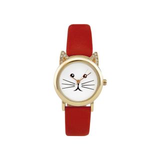 Womens Kitty Face and Ears Rhinestone Watch, Red