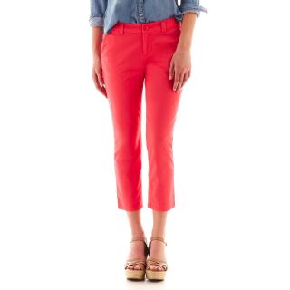 Flat Front Twill Cropped Pants, Red, Womens