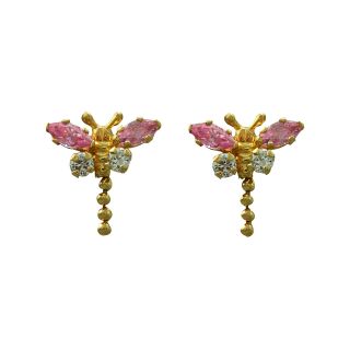 Girls Dragonfly 14K Gold Pink Cubic Zirconia Earrings, Girls