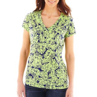 LIZ CLAIBORNE Short Sleeve Palm Print Tee   Tall, Green, Womens